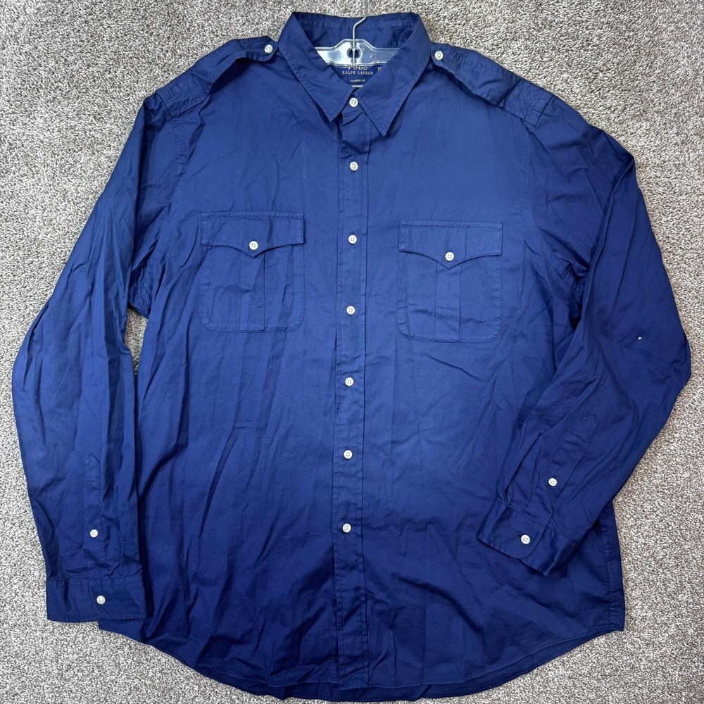 Polo Ralph Lauren Shirt Mens XXL Classic Fit Navy Blue Epaulette Button Down